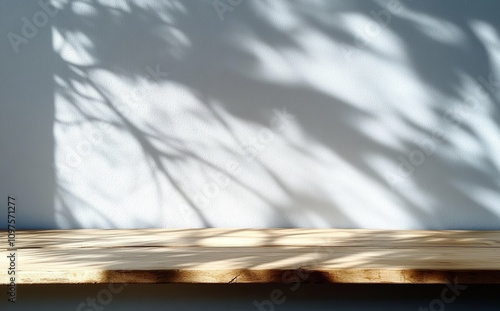 Wooden Surface with Shadows Light Gray Wall Minimalist Aesthetic Calm Natural photo