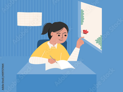 ADHD girl writing and having a short attention span and being easily distracted.