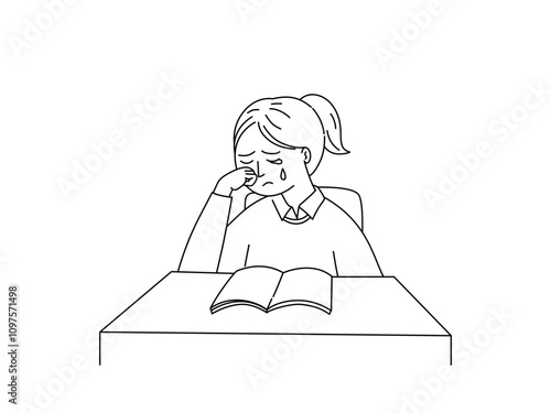 A girl crying with a book on desk, outline cartoon.