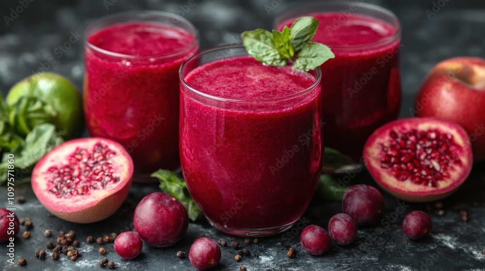 Delicious and Refreshing Red Smoothie: A Blend of Pomegranate, Berries, and Mint Delicious and Refreshing Red Smoothie: A Blend of Pomegranate, Berries, and Mint