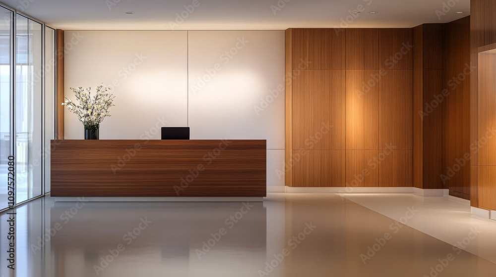 Fototapeta premium Modern reception area featuring wooden accents and natural light in a contemporary office setting