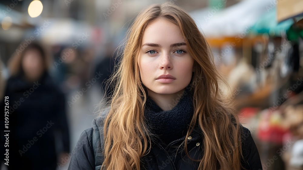 Portrait of a young Caucasian woman with long hair, standing confidently in a market setting. Portrait of a young Caucasian woman with long hair, standing confidently in a market setting.