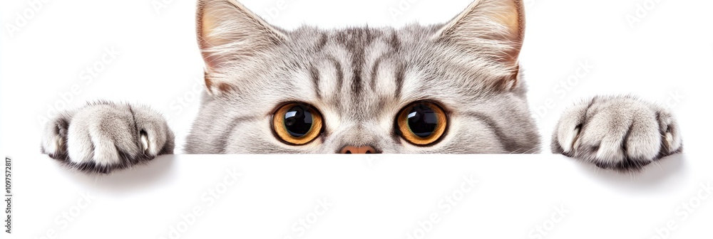 Fototapeta premium A curious cat peeking over a surface, showcasing its expressive eyes and fluffy fur.