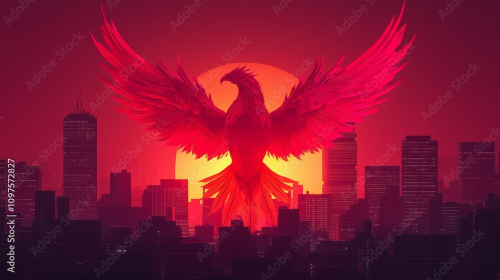 Fototapeta premium Rising Phoenix Over Twilight Cityscape