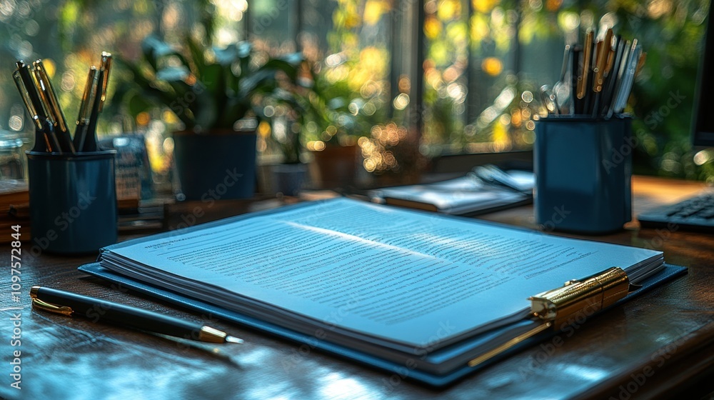 Workspace Serenity: Sunlit Desk with Documents and Pens Workspace Serenity: Sunlit Desk with Documents and Pens