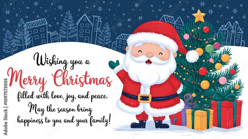 santa claus and christmas tree, Christmas card with wishes Santa and friends with Christmas tree celibrations with colourful gifts. santa claus and christmas tree, Christmas card with wishes Santa and friends with Christmas tree celibrations with colourful gifts.