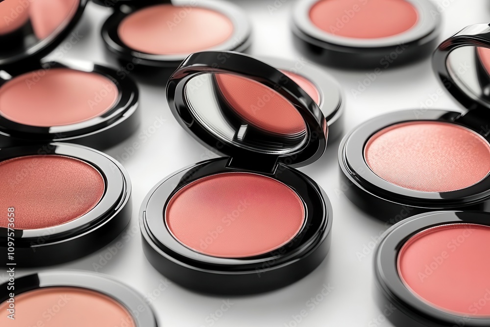 A collection of blush compacts in various shades of pink arranged neatly, showcasing their glossy black cases and vibrant colors. A collection of blush compacts in various shades of pink arranged neatly, showcasing their glossy black cases and vibrant colors.