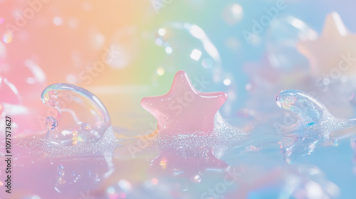 Colorful star shaped gel on iridescent surface with soap bubbles reflecting light