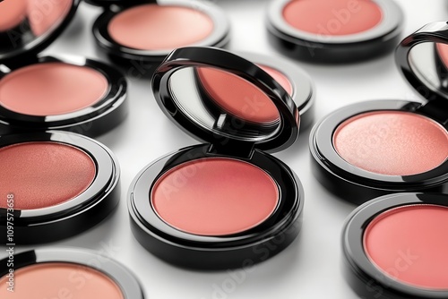 A collection of blush compacts in various shades of pink arranged neatly, showcasing their glossy black cases and vibrant colors.