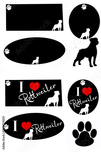 Set of graphic design resources themed around Rottweilers, including stickers, silhouettes, and hand-drawn frames photo