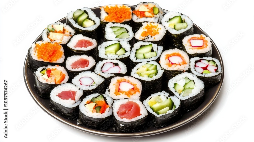 A plate of colorful vegetable sushi rolls with a variety of fillings such as cucumber, avocado, and pickled radish A plate of colorful vegetable sushi rolls with a variety of fillings such as cucumber, avocado, and pickled radish