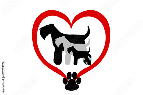 vector of Illustration of schnauzer silhouettes in three different sizes arranged inside a heart, symbolizing love for the breed