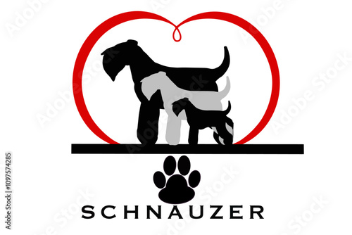 vector of Illustration of schnauzer silhouettes in three different sizes arranged inside a heart, symbolizing love for the breed