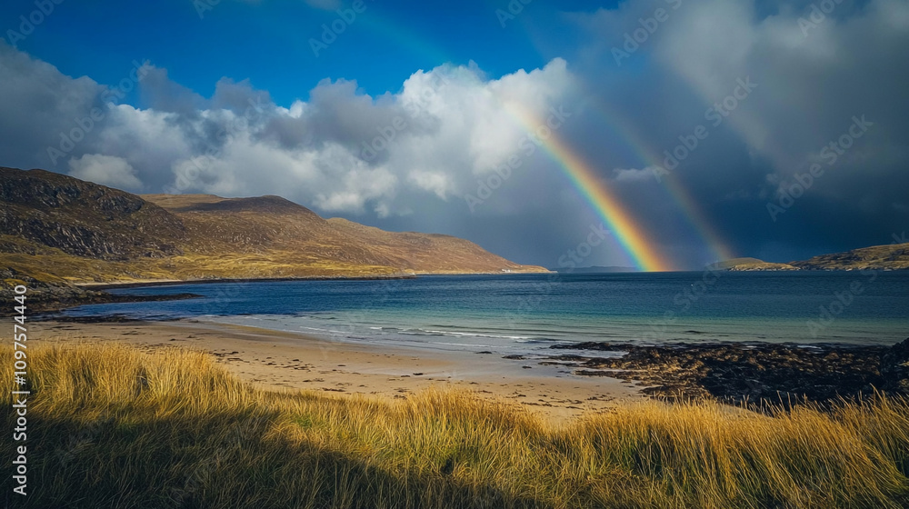 Stunning rainbow arcs over a tranquil beach at sunset in a coastal landscape Stunning rainbow arcs over a tranquil beach at sunset in a coastal landscape