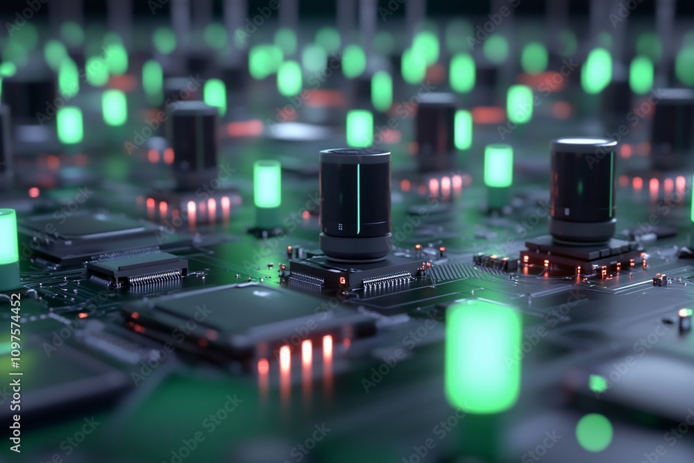 Futuristic circuit board with glowing components and sensors. Futuristic circuit board with glowing components and sensors.