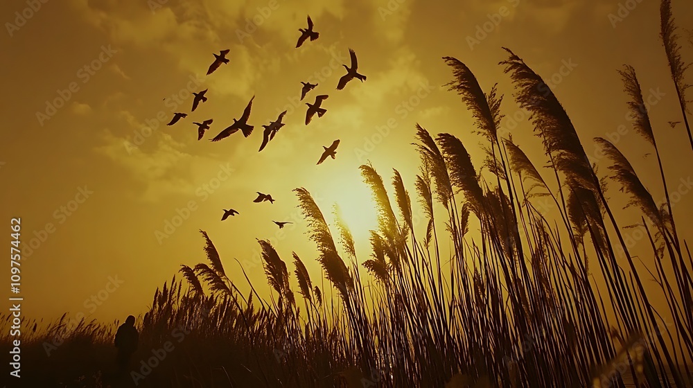 Obraz premium Silhouette of a person watching birds in flight during a serene sunset.