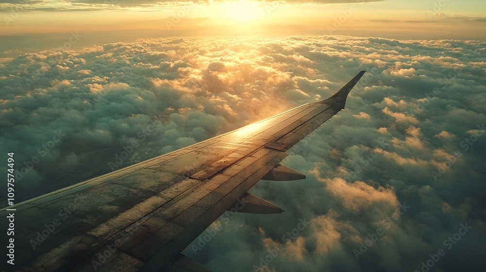 Naklejka premium porthole, airplane wing, light clouds, sunny weather, travel