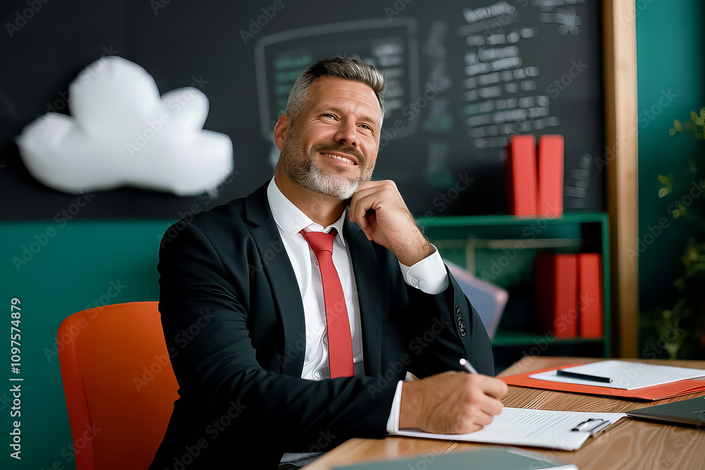 A man in a suit and tie is sitting at a desk with a chalkboard behind him A man in a suit and tie is sitting at a desk with a chalkboard behind him
