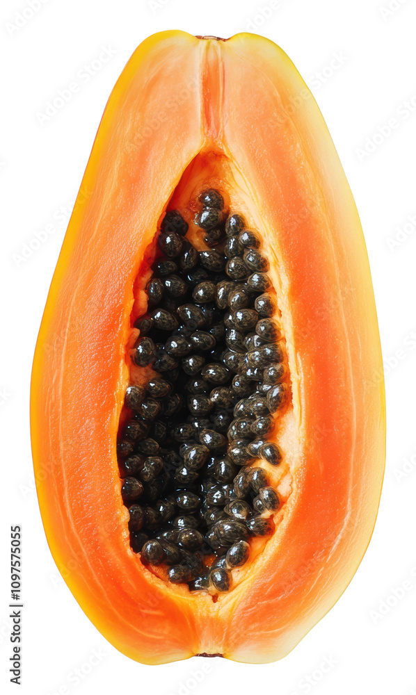 Cut open papaya revealing glossy black seeds and vibrant orange flesh isolated on transparent background Cut open papaya revealing glossy black seeds and vibrant orange flesh isolated on transparent background