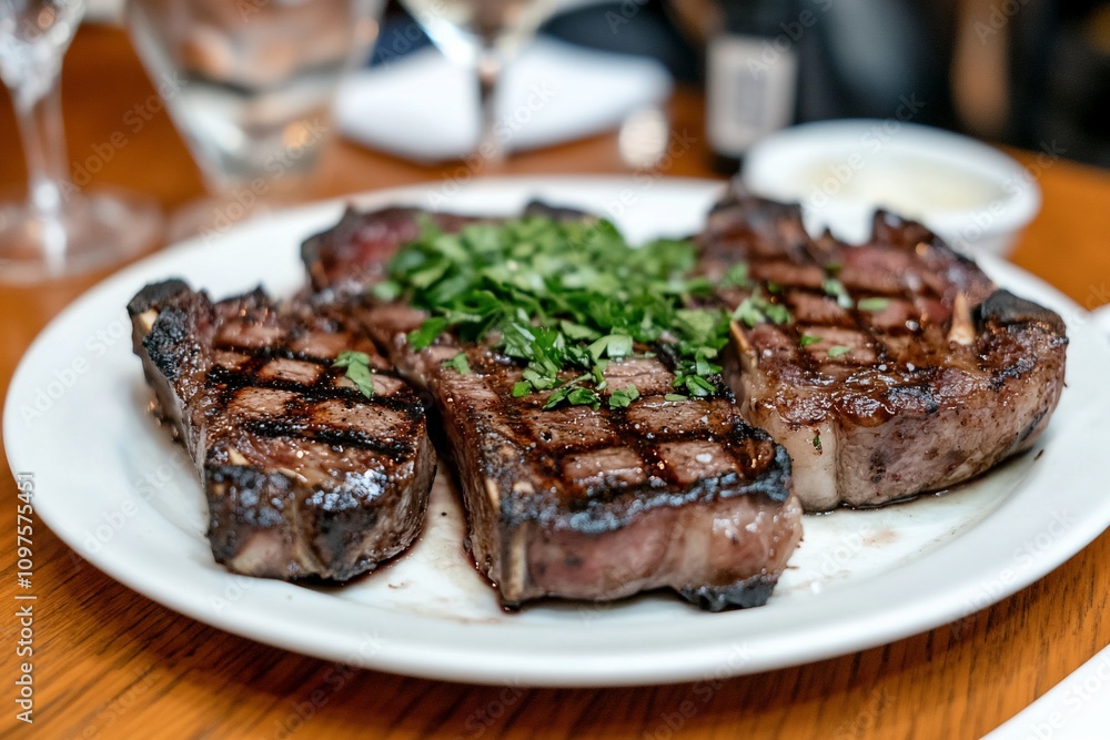 Grilled T-bone steaks on a white plate, garnished with parsley. Grilled T-bone steaks on a white plate, garnished with parsley.
