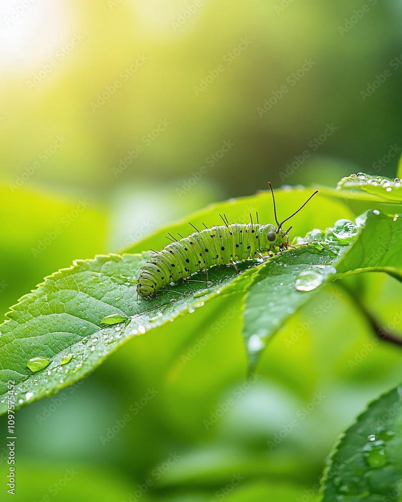 Green caterpillar on dew-covered leaf in sunlight. Green caterpillar on dew-covered leaf in sunlight.