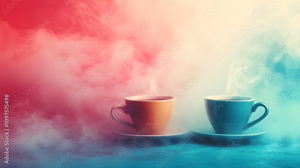 Two steaming cups of coffee in vibrant colors amidst swirling mist. Two steaming cups of coffee in vibrant colors amidst swirling mist.