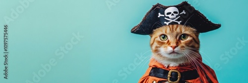 A cat dressed as a pirate, wearing a hat and an orange outfit against a teal background. photo