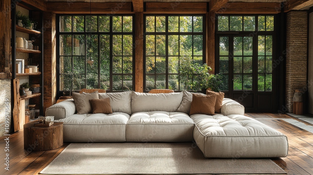 Fototapeta premium Relaxing Sectional Sofa in a Sunlit Modern Rustic Living Room