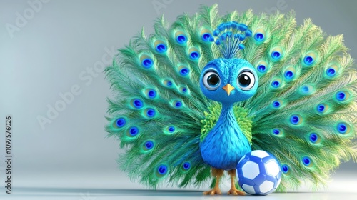 A colorful cartoon peacock with a soccer ball, showcasing a playful and sporty theme. photo