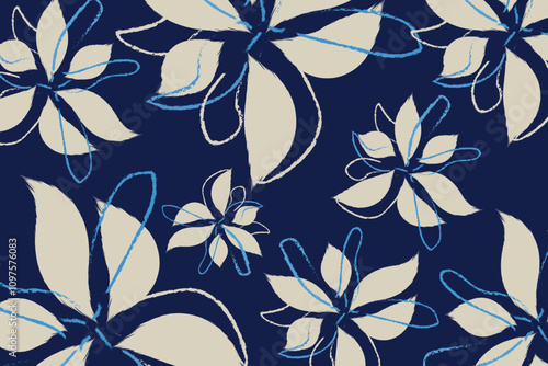 seamless pattern, dark blue textile art, hand-draw style background vibrant colors, fashion artwork for Fabric print. A blue Flowers patterns, texture vector