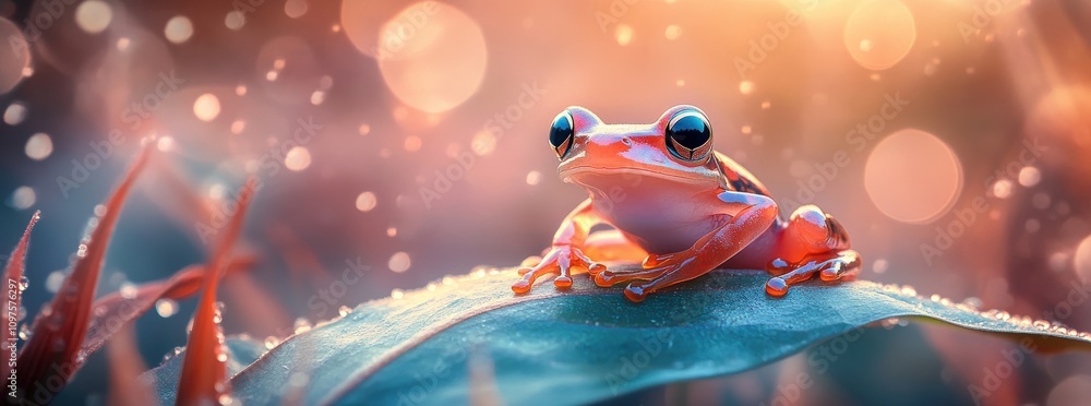 A vibrant red frog perched on a dew-kissed leaf, bathed in the warm glow of sunrise. A captivating macro shot of nature's beauty. A vibrant red frog perched on a dew-kissed leaf, bathed in the warm glow of sunrise. A captivating macro shot of nature's beauty.
