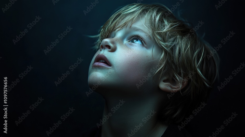 Wonder, a Portrait of a Young Boy Looking Upward, Bathed in Teal Light Wonder, a Portrait of a Young Boy Looking Upward, Bathed in Teal Light