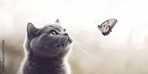 A Scottish Fold cat is sitting looking at a butterfly. Full view2 photo