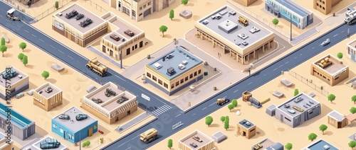 Aerial view of a desert town with buildings, roads, and vehicles in a stylized design.