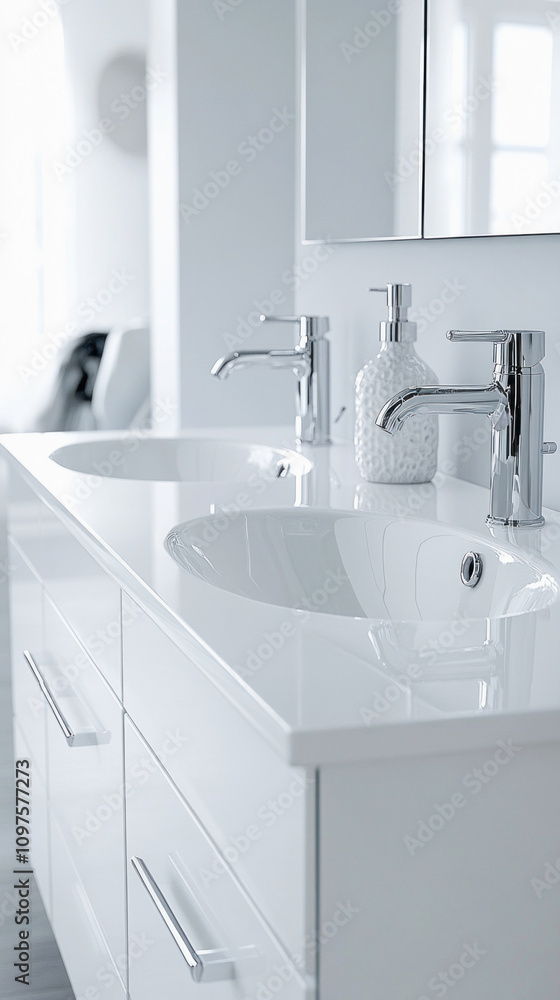 Modern white bathroom sink with chrome faucets and soap dispenser Modern white bathroom sink with chrome faucets and soap dispenser
