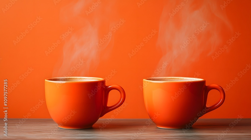 Obraz premium Two steaming orange cups of coffee on a wooden table against an orange backdrop.