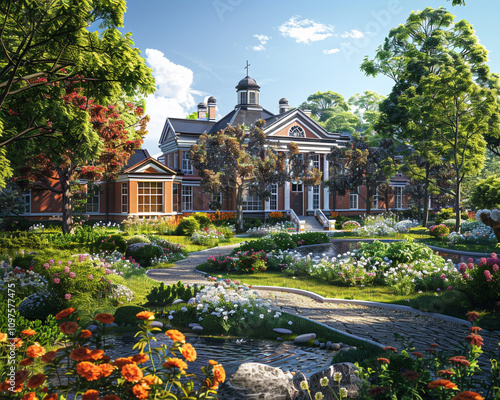 Wallpaper Mural A charming school building with classic architecture, set in a well-manicured garden featuring seasonal flowers, shaded pathways, and a small pond, evoking a serene atmosphere. Torontodigital.ca