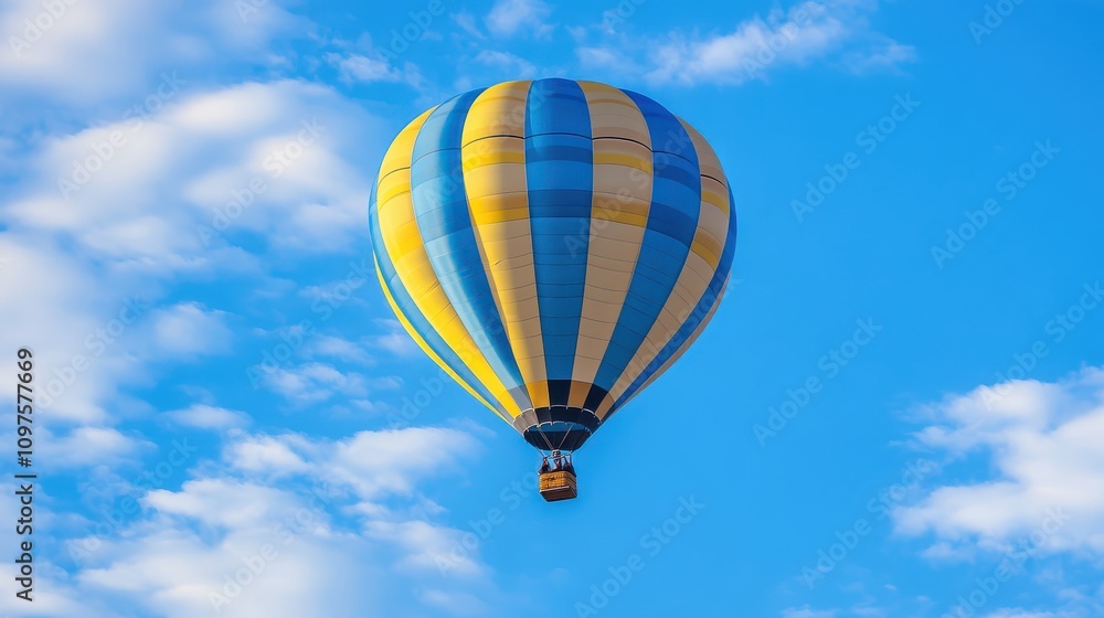 Fototapeta premium Colorful Hot Air Balloon Floating in a Bright Blue Sky with Fluffy Clouds, Perfect for Adventure, Travel, and Outdoor Activities Photography Needs