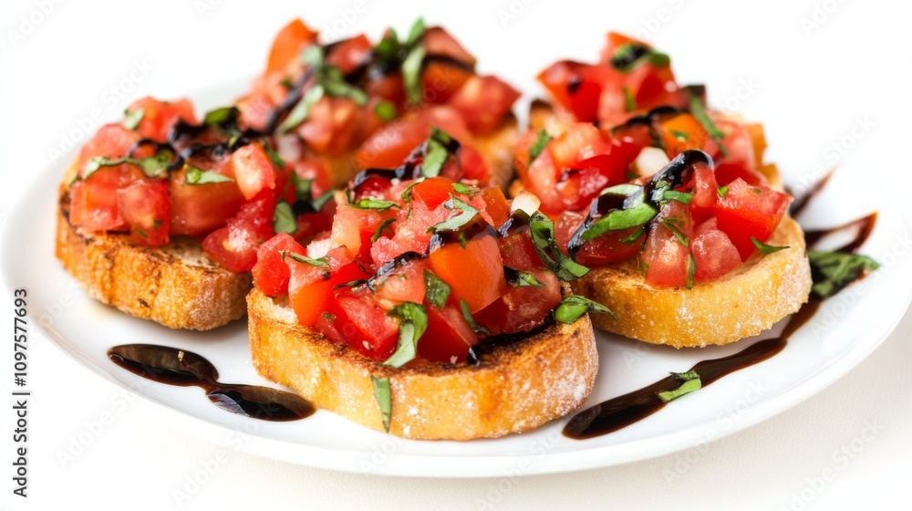 A plate of crispy bruschetta topped with diced tomatoes, fresh basil, garlic A plate of crispy bruschetta topped with diced tomatoes, fresh basil, garlic