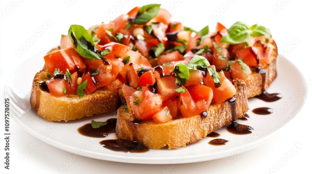 A plate of crispy bruschetta topped with diced tomatoes, fresh basil, garlic A plate of crispy bruschetta topped with diced tomatoes, fresh basil, garlic