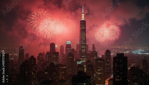 Spectacular Fourth of July Fireworks Display Over the New York City Skyline, Featuring the Iconic Skyscrapers at Night: A Breathtaking Aerial View of Celebration and Urban Majesty
