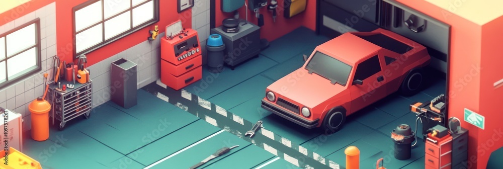 A stylized garage scene featuring a red car and various tools and equipment. A stylized garage scene featuring a red car and various tools and equipment.
