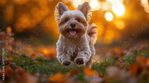 Joyful Yorkshire Terrier Running Through Autumn Leaves photo