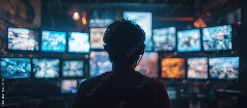 A silhouetted person sits in front of a wall of glowing computer monitors. A silhouetted person sits in front of a wall of glowing computer monitors.