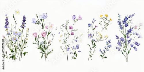 Delicate Floral Arrangements Watercolor Collection Pastel Flowers Bouquets Borders Green Leaves