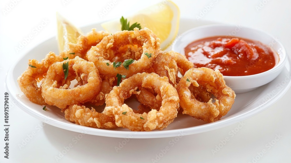 A plate of crispy calamari rings served with a side of marinara sauce and lemon wedges, Each ring golden and tender A plate of crispy calamari rings served with a side of marinara sauce and lemon wedges, Each ring golden and tender