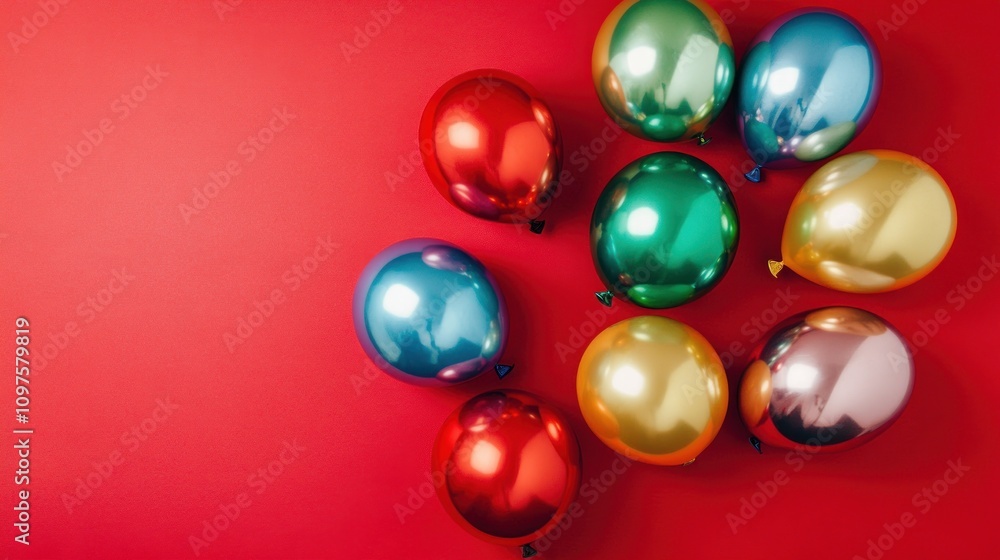 A cluster of colorful balloons on a vibrant red background, ideal for celebrations. A cluster of colorful balloons on a vibrant red background, ideal for celebrations.