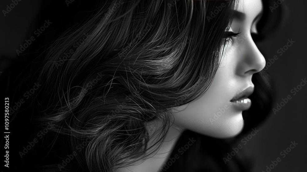 Elegant Black and White Portrait of a Woman with Long Hair Elegant Black and White Portrait of a Woman with Long Hair