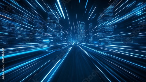 Futuristic City Skyline with Blue Neon Speed Lines and Motion Blur Effect : Generative AI