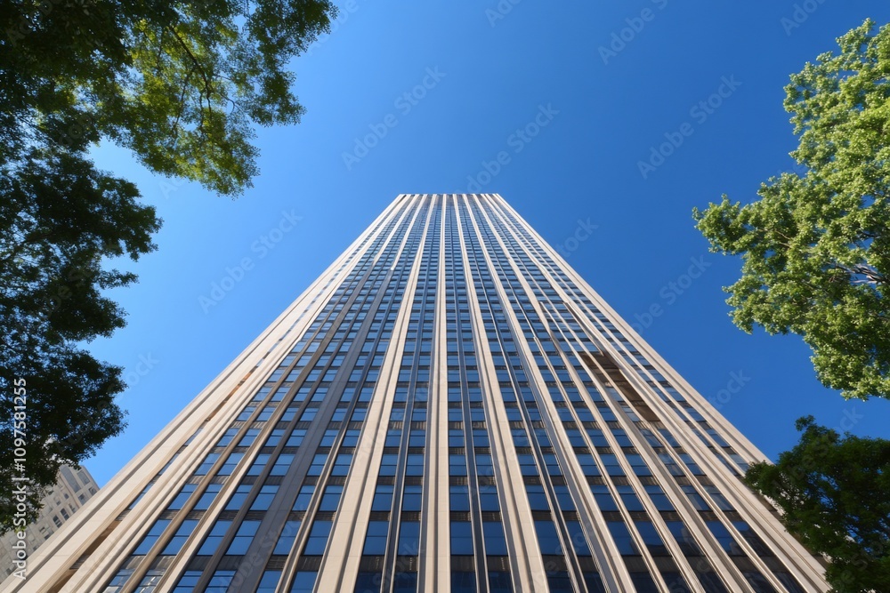 Obraz premium Low-angle view of a modern skyscraper against a clear blue sky, framed by lush green trees.